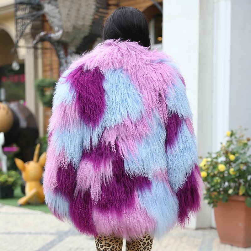 JANEFUR Winter Clothes Women 2023 Real Mongolian Sheep Fur Coat Mixed Colors Fashion Luxury  Custom tibetan lamb fur Jacket