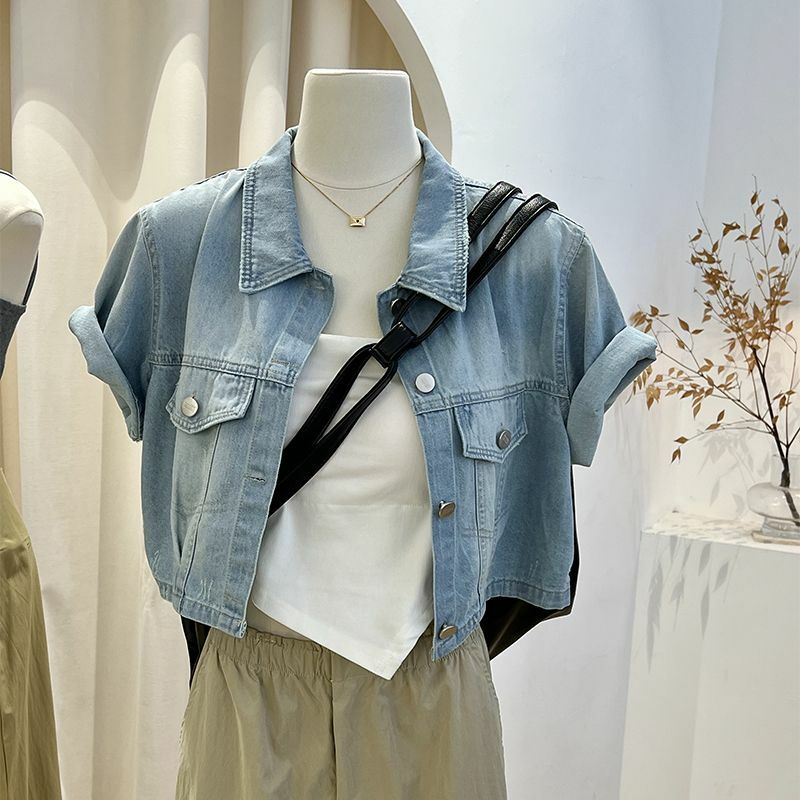 Jaqueta jeans de peito único para mulheres, gola virada para baixo solta, manga curta, moda coreana, casaco crop, verão, novo, 2023