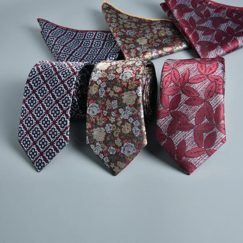 Жаккардовый галстук 2023 Gravata 7 см, мужской официальный наряд, профессиональный деловой цветочный галстук + носовой платок, комплект из 2 предметов