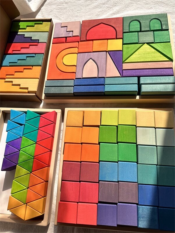 대형 나무 블록 라임 레인보우 빌딩 스태킹 카스텔 계단 모양 큐브 코너 스톤, 어린이 창의적 놀이