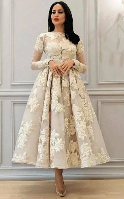 Vestido de festa langärmliges knöchel langes Abendkleid 2021 elegante arabische geschwollene Ballkleider angepasst вечерние платья