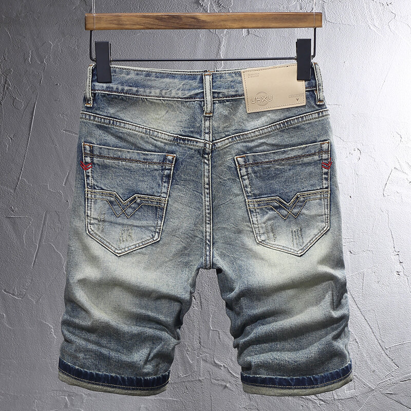 Modedesigner Short Jeans Männer hochwertige Retro Blue Stretch Slim Fit zerrissene Jeans Sommer lässig Vintage Denim Shorts Hombre