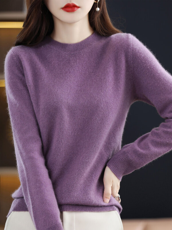 Wiosna Jesień Kobiety O-neck Sweter z długim rękawem Sweter Basic Casual 100% wełna merynosów Dzianina Miękka wygodna odzież Koreańskie topy