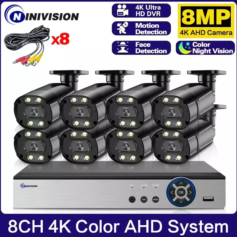 8 Channel CCTV DVR Kit 4K Full warna Night Vision AHD kamera keamanan Set sistem luar ruangan tahan air Video pengawasan Kit sistem