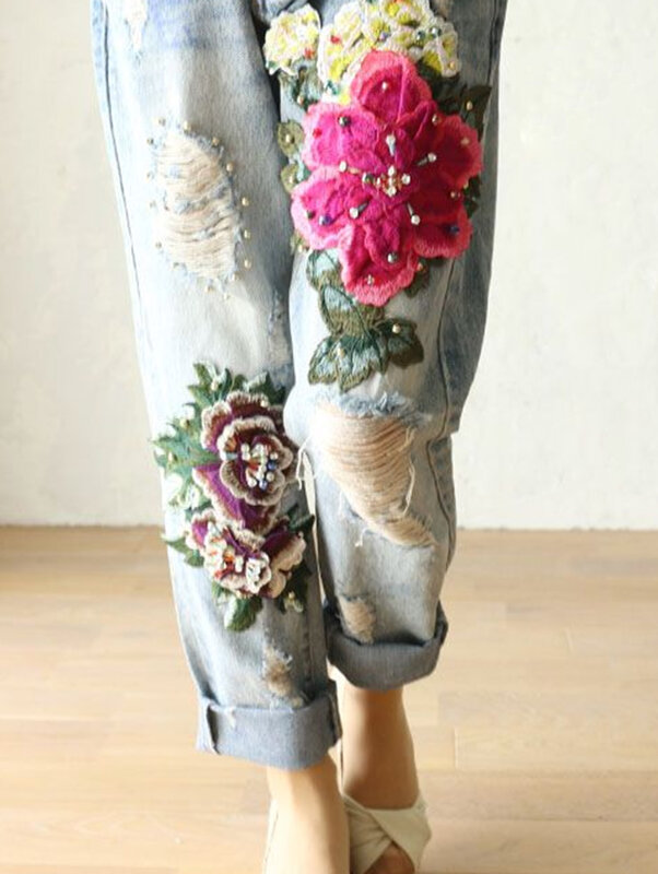 Женские джинсы с цветочной вышивкой, Свободные повседневные брюки-султанки из денима, лето 2024