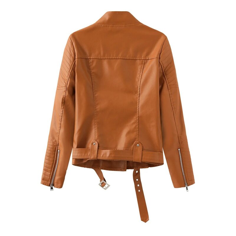 Jaket kulit trendi jalanan 2024 dengan sabuk, jaket wanita tipis musim semi dan musim gugur lengan panjang, jaket PU kerah V