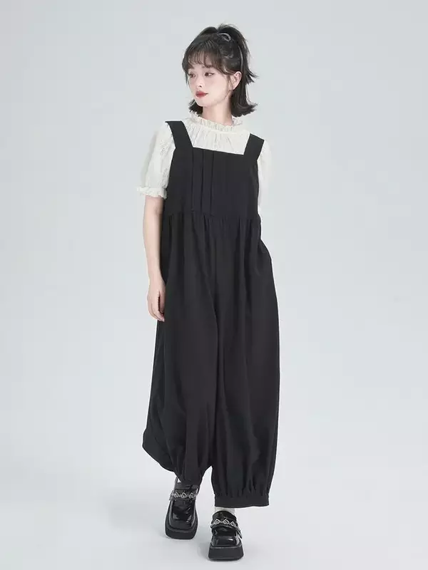 Monos negros holgados y elegantes con pliegues para mujer, ropa de calle Harajuku para niñas, monos hasta el tobillo de cintura alta a la moda para verano