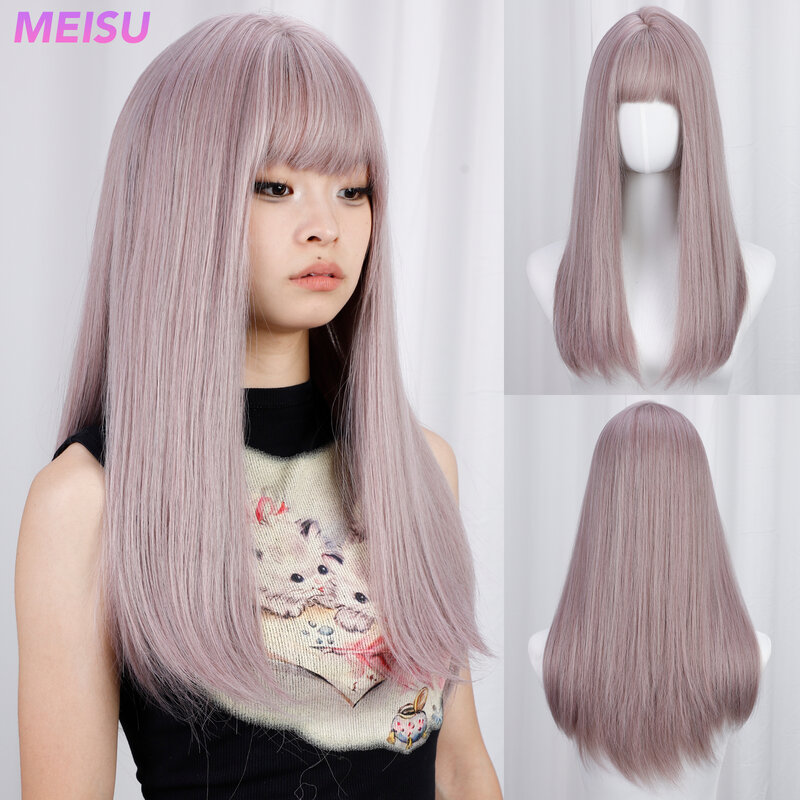 Meisu-女性用の風通しの良いかつら,合成繊維のかつら,耐熱性,自然なパーティーや自撮り,日常使用,緑,紫,24インチ