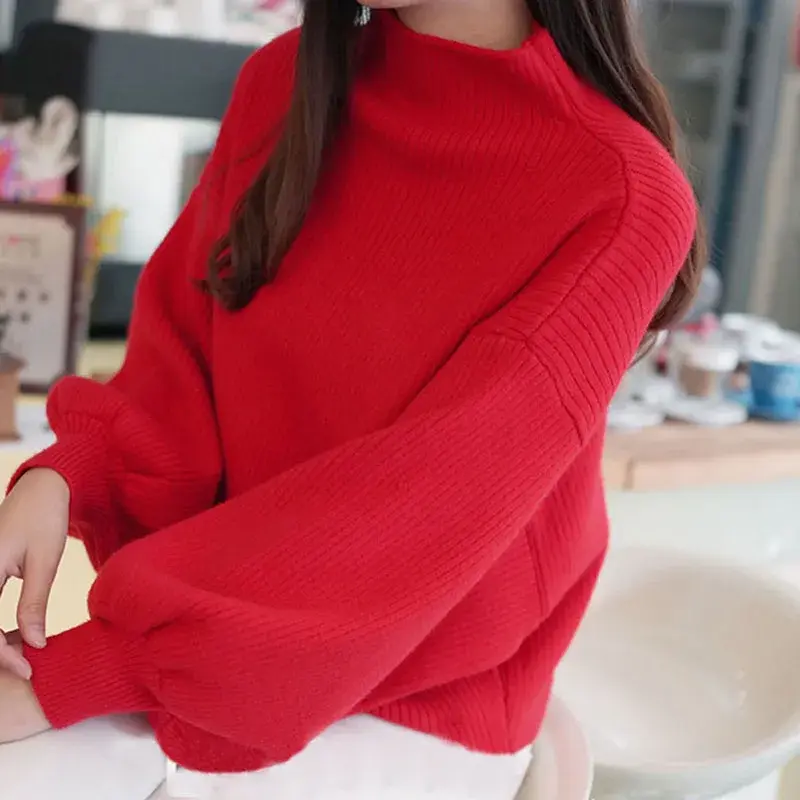 Women Loose Knit Pullover Casual Fashion Top Winter New Ladies Sweater Fashion High Neck Lantern Sleeve Pullover