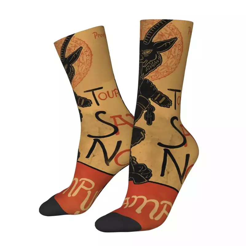 ถุงเท้าลายตลกๆสำหรับผู้ชาย Merry Krampus ฮิปฮอปฮาราจูกุคุณภาพมีความสุขพิมพ์ลายแบบไร้รอยต่อถุงเท้าลูกเรือของขวัญแปลกใหม่