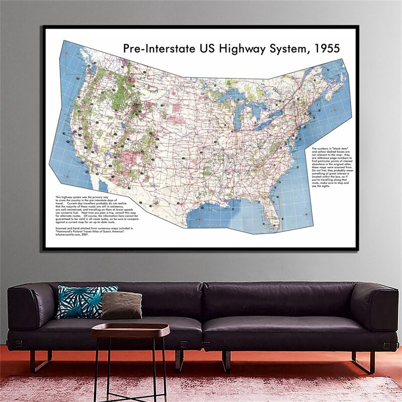 Carte murale du monde A2 pré-interstate US High Way System, papier peint 1955, édition classique, affiche de carte du monde pour la décoration de bureau d'éducation