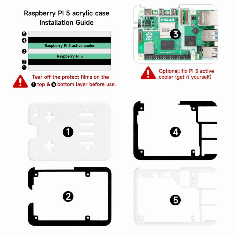 Raspberry Pi 5 Caso Acrílico, Transparente, 5 Camadas Design, Suporte de Instalação, Refrigerador Ativo Oficial