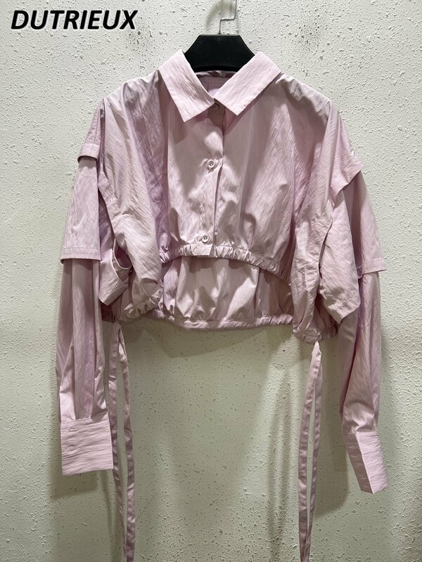 Wiosenne jesienne damskie topy styl japoński koszule z długim rękawem luźne proste krótka koszula mody jednolity kolor wygodna bluzka kobiet