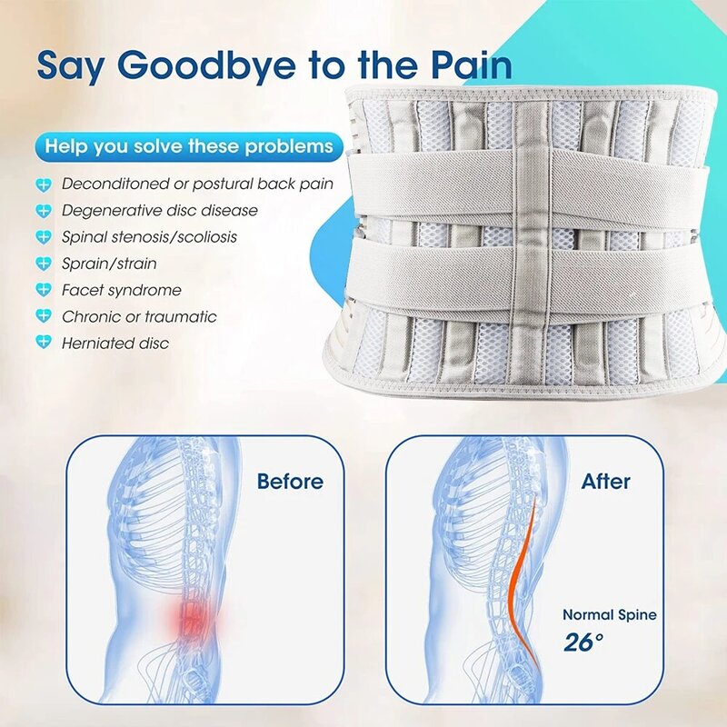 Бандаж для спины для мужчин и женщин, облегчение боли в нижней части спины с 6 ремешками, регулируемый поддерживающий пояс для спины для работы, противоскользящая поддержка поясницы
