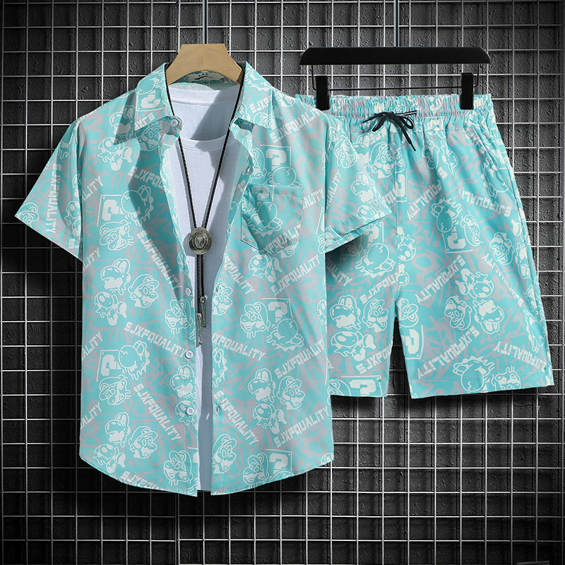 Conjunto de playa Hawaiano para hombre, camisa Floral de manga corta + traje de pantalones cortos de seda de hielo, Verano