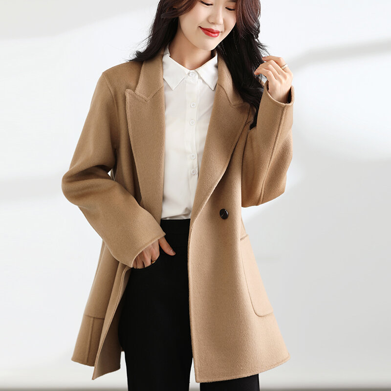 Mantel wol murni wanita, jaket kasmir dua sisi temperamen baru musim gugur dan musim dingin, saku pendek 100%