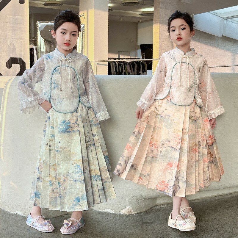 Vestido infantil com saia de rosto de cavalo para menina, estilo antigo chinês, princesa hanfu, 2 peças, primavera, 2022