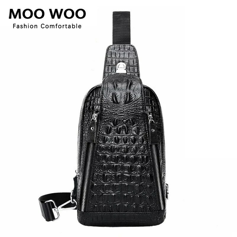 MOOWOO Genuine Leather Crossbody Chest Bag Single Shoulder Sling Bags Top Layer Cowhide Crocodile Pattern Sports Small Backpack