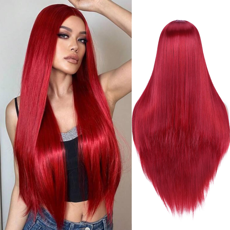 Длинный прямой парик, красные парики для женщин, средней части, натуральные волосы, длинный синтетический парик для Хэллоуина, вечеринки, костюма, Косплея