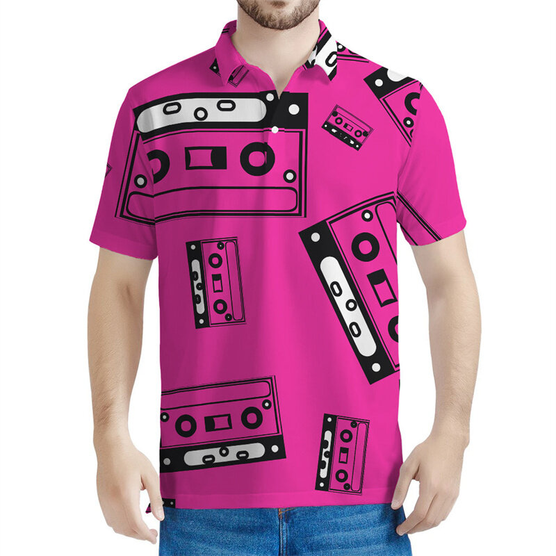 Polo graphique à bande rétro pour hommes, t-shirt imprimé en 3D, disques de musique, t-shirts respirés d'été, bouton décontracté, manches courtes