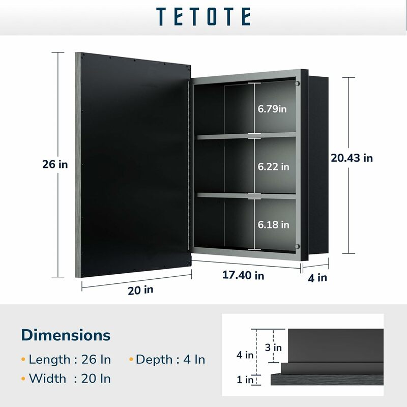 Tetote ตู้ยาขนาด20x26นิ้วกรอบสีดำพร้อมกระจกสำหรับห้องน้ำพื้นผิวกรอบอลูมิเนียมหรือปิดภาคเรียนที่ติดผนัง