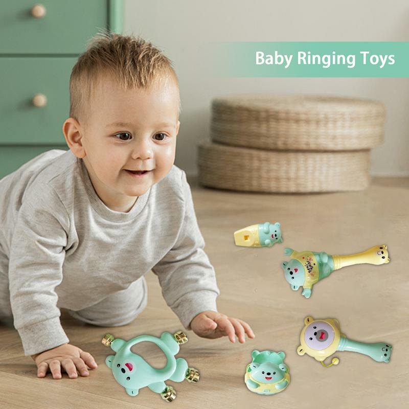 Conjunto de 5 brinquedos coloridos chocalho para crianças, brinquedo sensorial para o desenvolvimento da mão, para o Natal, em massa