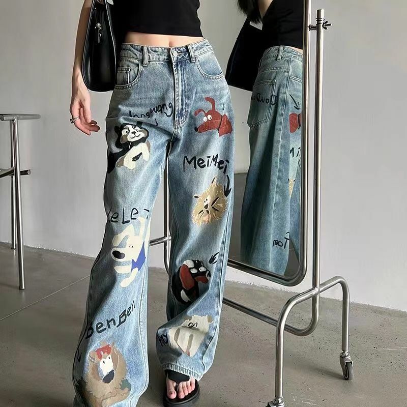 Pantalones vaqueros con estampado de dibujos animados para mujer, pantalón holgado de cintura alta, estilo americano, otoño e invierno, 2024