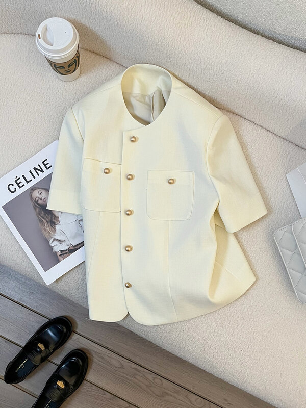 Spring and summer women's casual solid color round neck short sleeved pocket blazer