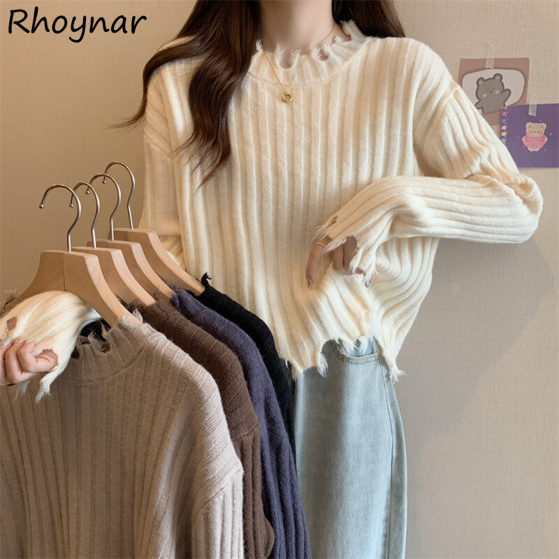 Autumn Tassel Knitted Pullovers Women Loose Leisure Fashion All-match Basic Short Tops Female Chic Solid Simple Ribbed Knitwear