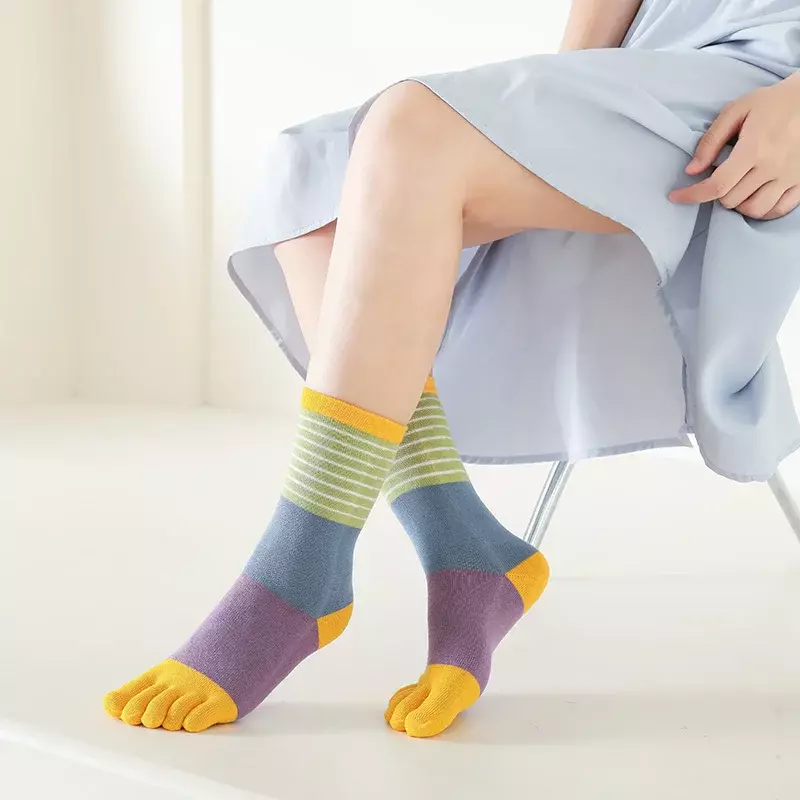 Женские хлопковые носки с пятью пальцами, Разноцветные полосатые спортивные носки с разрезом, кавайные носки с высоким каблуком и пятью пальцами в стиле Харадзюку, носки с разрезом, 1 пара