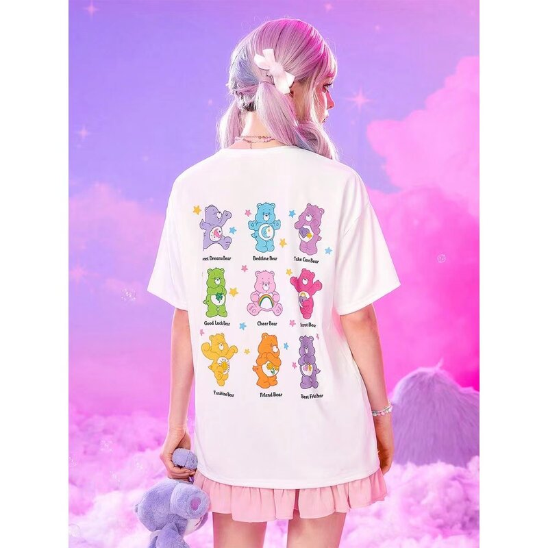 Camiseta estampada com ursos cartoon para meninas e mulheres, carebears kawaii, tops brancos grandes, camiseta casual de verão, 2022