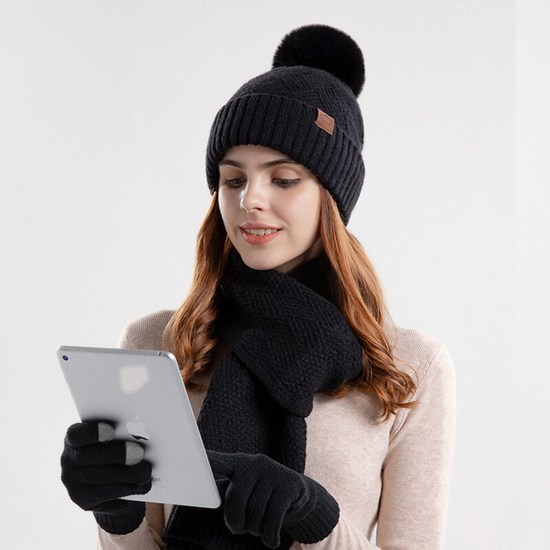 Women's Winter Keep Warm Set Fleece Lining Beanie Telefingers Gloves Thicken Scarf Christmas Knit Muffler Bobble Hat Wholesale