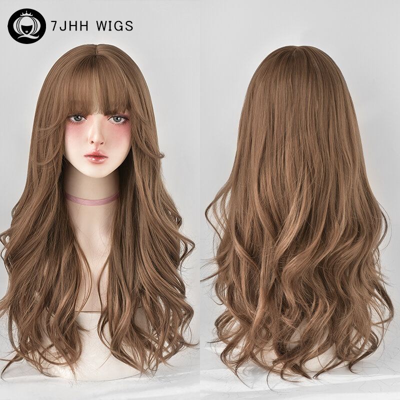 7JHH-Peluca de cabello sintético para mujer, cabellera artificial ondulado de alta densidad, color marrón miel, resistente al calor, con flequillo limpio