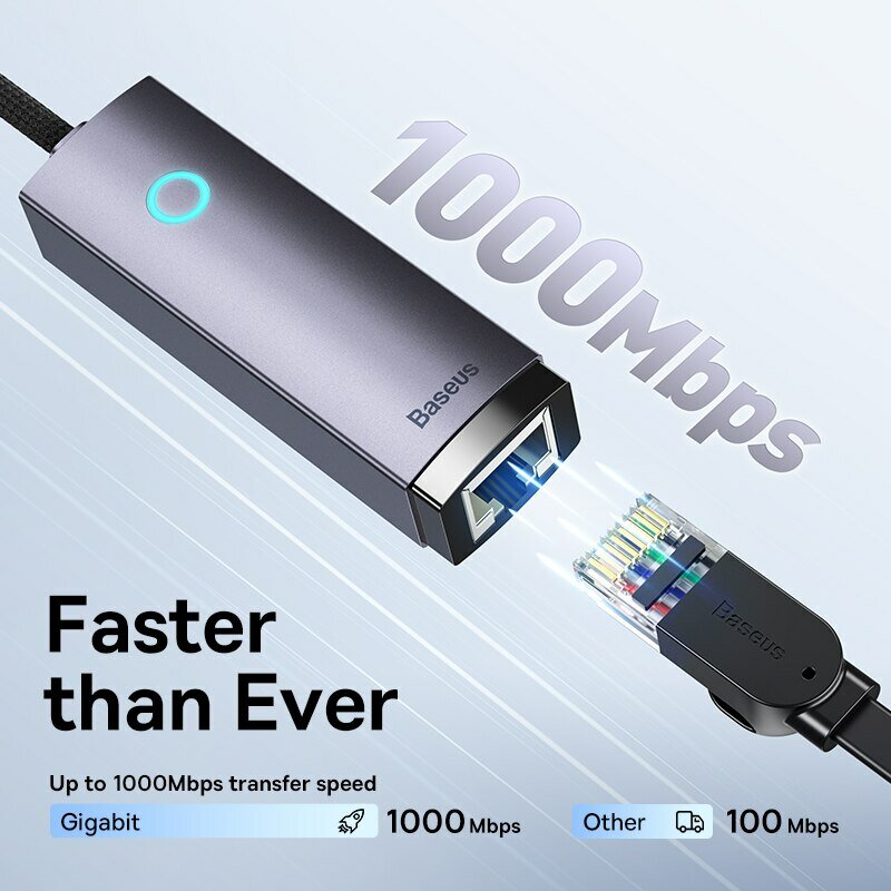 Baseus adaptor Ethernet USB C ke Ethernet, adaptor aluminium Gigabit USB C untuk Laptop MacBook Pro 1000/100Mbps USB Lan kartu jaringan RJ45