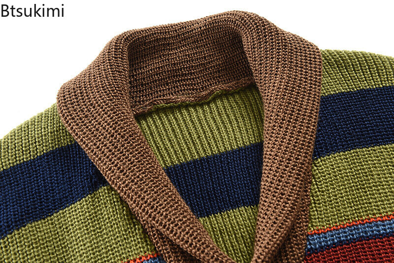 Spring Autumn New Men's Lapel Cardigan Sweaters Fashion Slim Knitwear Tops Patchwork Contrast Casual Knit Sweater Coats for Men