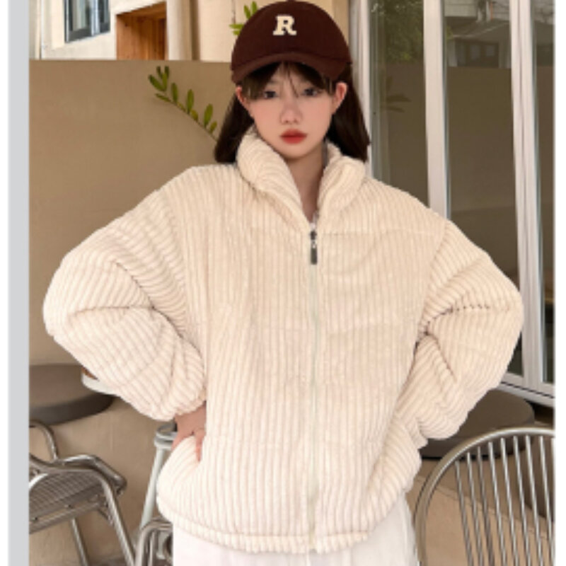 한국 여성 파카 겨울 루즈 단색 스탠드 칼라 캐주얼 코듀로이 코튼 패딩 재킷, 여성 데일리 숏 다운 아웃웨어