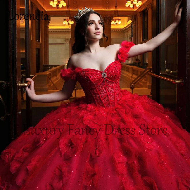 Mexican red Quinceaneraドレス、3D花のボールガウン、肩当て、ビーズ、フォーマルな愛らしい16、xv ñ os、2024
