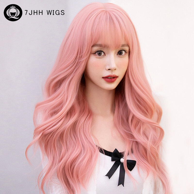 7jhhウィッグ-女の子のためのフリンジ付き合成かつら、ウェーブのかかった髪、ピンク、高密度、仕切り、初心者向け