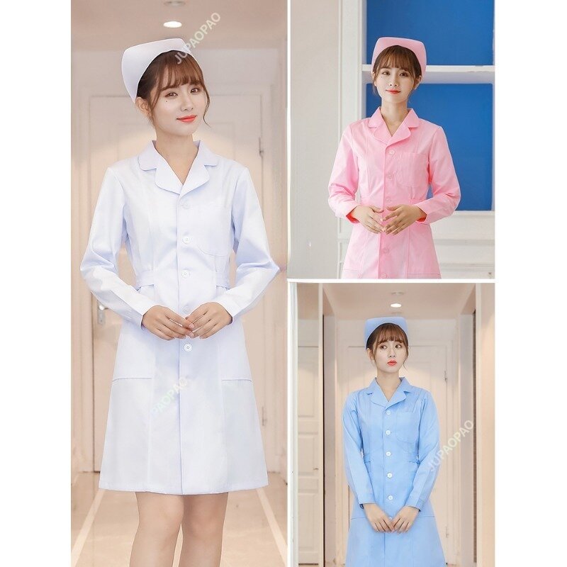 Strój pielęgniarki letnia sukienka z krótkimi rękawami damska z częściowymi piersiami różowa biała dopasowana do salonu kosmetycznego