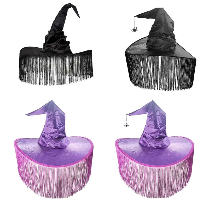Witches Hat Halloween Party Accessory Masquerade Cosplay Costume Decor Wide Brim Pointed Hat with Tassel Wizard Hat for Women
