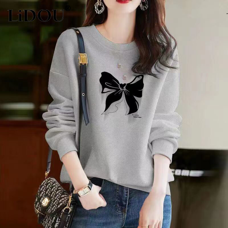 Spring Autumn Bow Printing Loose Casual Cotton Sweatshirt Ladies Simple All-match Pullover Top Women Comfortable Fashion Outwear