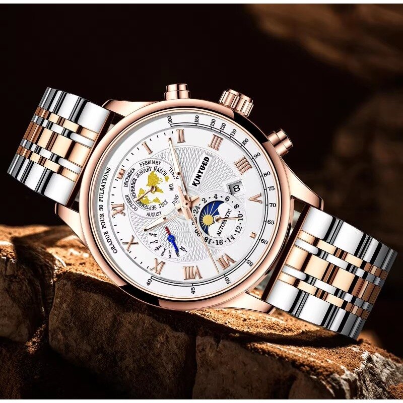 Часы наручные мужские водонепроницаемые, роскошные оригинальные автоматические механические с Лунной фазой и турбийоном