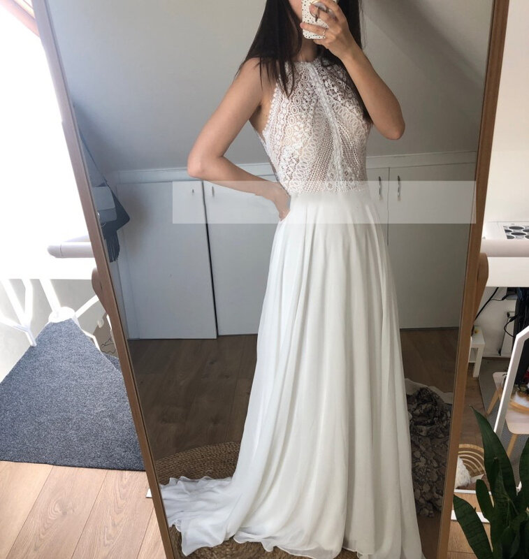 Elegante echte Fotos neues Design abnehmbare Kurzarm High Neck A-Linie Chiffon Sommer Hochzeits kleid Vestidos de Novia