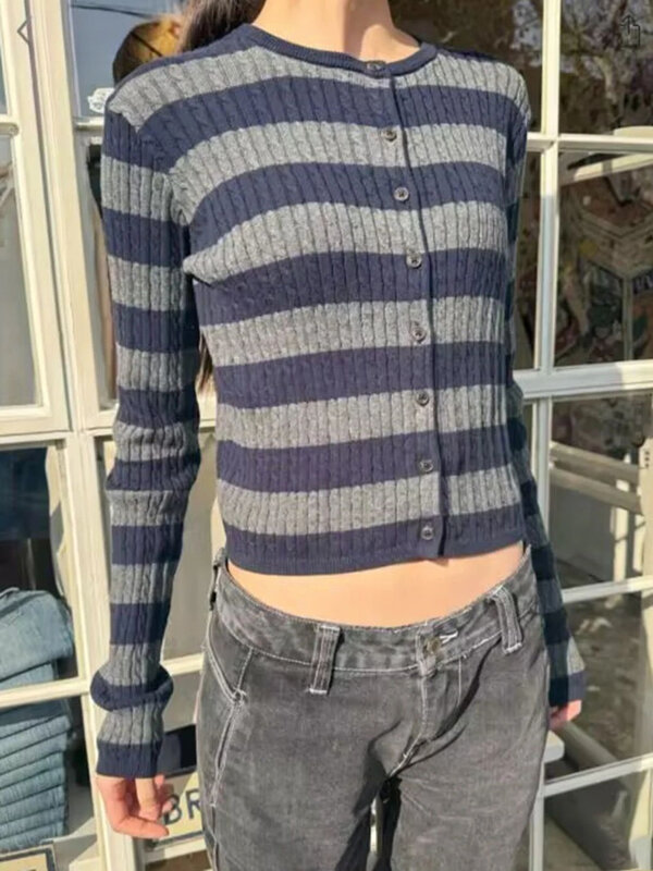 Женский однобортный Кардиган в полоску, Повседневный свитер из хлопка с длинным рукавом и круглым вырезом