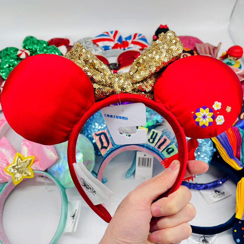2024 Original Disney Mickey Ears Headband Shanghai Disneyland Minnie Leather Headband Hairband Sequin Bow Party Hair Accessories