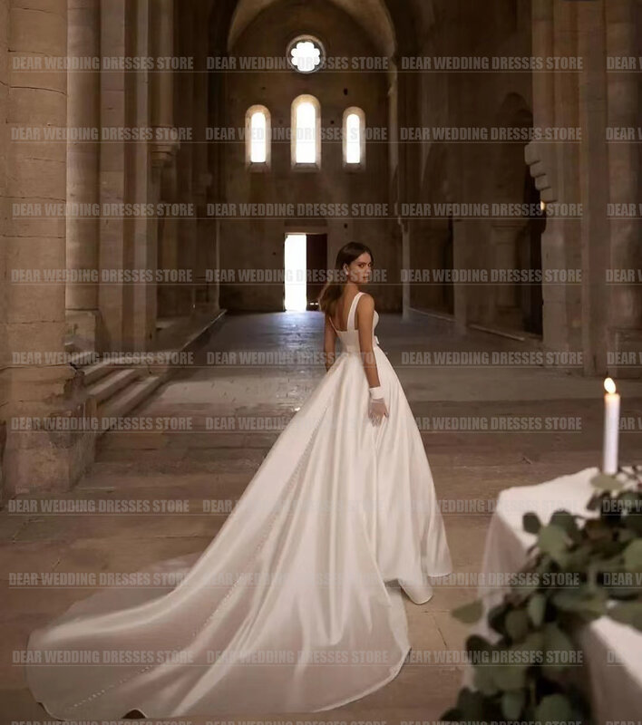 Gaun pernikahan leher perahu cantik gaun pengantin Satin tanpa lengan seksi elegan A Line untuk wanita gaun pengantin Formal Sweep Vestidos De Gala