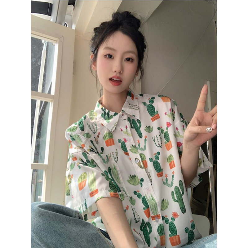 Camisa Mulheres Cactus Print Retro Senhoras Tops Adorável All-match Harajuku Coreano Streetwear Roupas Femininas Ins Blusa das Mulheres