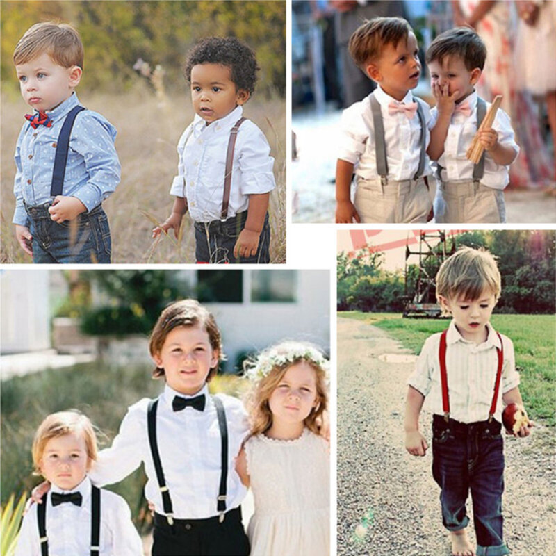 子供の伸縮性のあるサスペンダー蝶ネクタイセット、一致するtuxedoスーツ、ユニセックス、男の子の女の子の蝶ネクタイ、結婚式の衣装、調節可能な背中、ブレースベルト