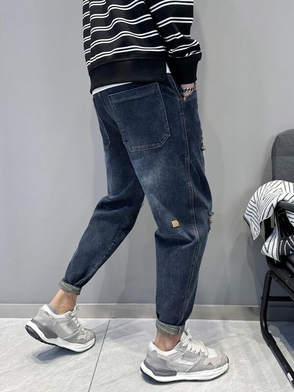 Calça jeans solta vintage masculina harém, roupa de luxo coreana, jeans punk namorado, streetwear primavera e outono, 2024