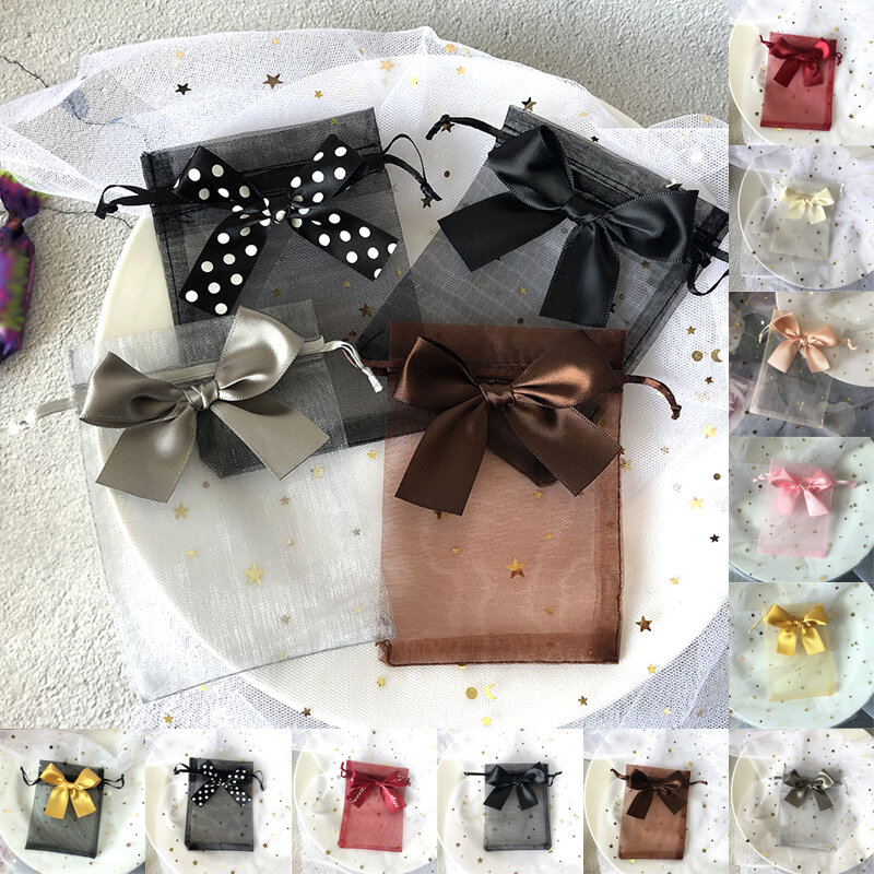 10pcs Jewelry Packaging Bag Mesh Organza Drawstring Bowknot Pearl Yarn Bags Wedding Candy Gifts Storage Bag Pouches New Fashion